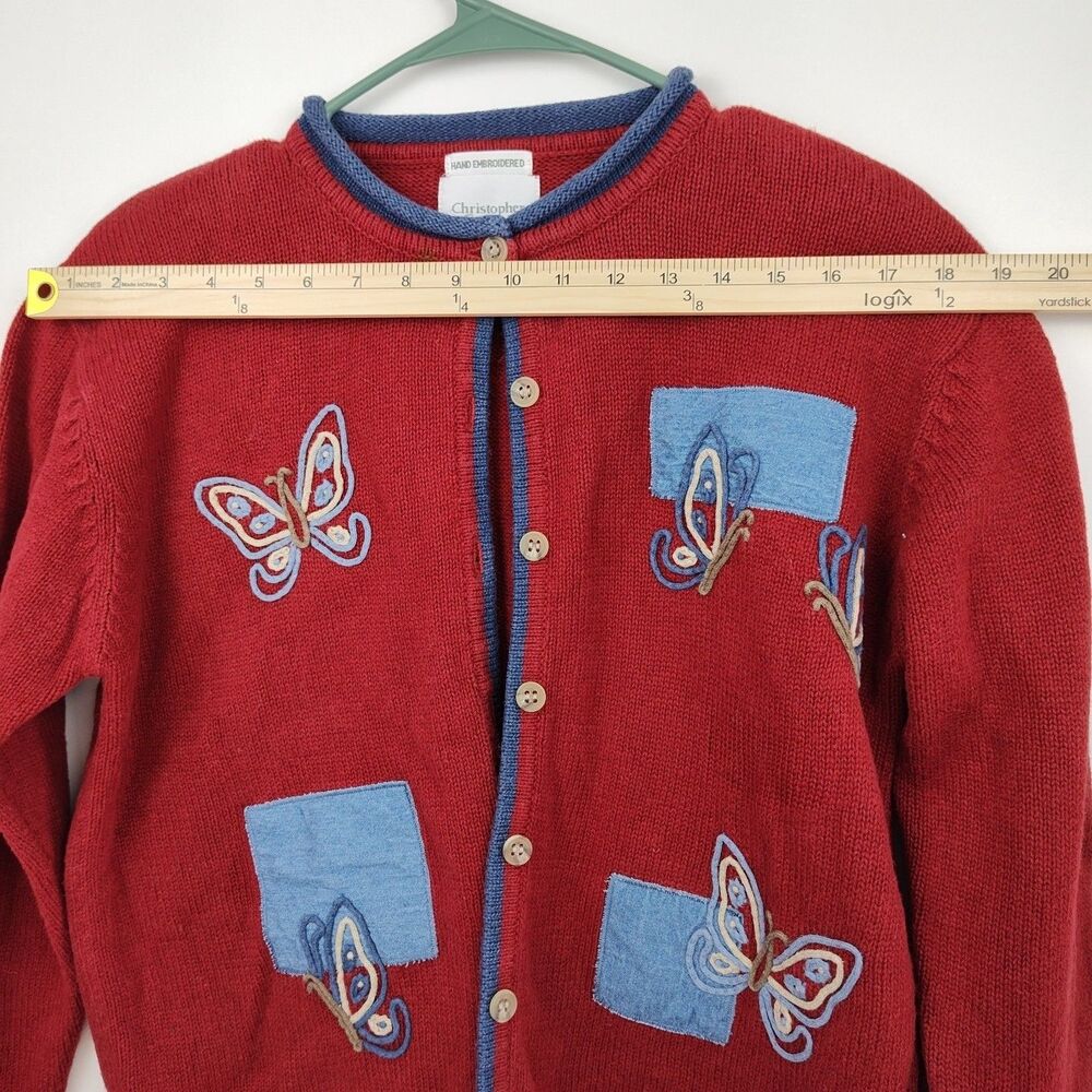 Christopher & Banks Hand Embroidered Cardigan, women's L, dark red, butterflies - Picture 4 of 9